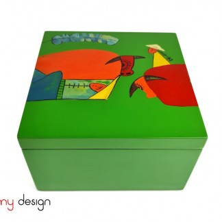 Green square lacquer box hand painted with buffalo